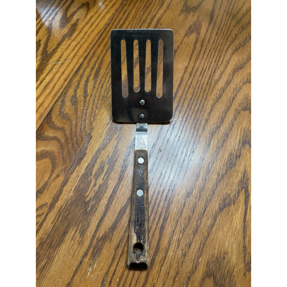 Vintage Household Slotted Short Spatula Stainless Steel Wood Handle